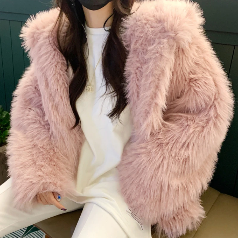HOUZHOU Faux Fur Coat Women Winter 2022 Luxury Fluffy Coat Korean Hooded Loose Faux Fox Fur Cardigan Overcoat Female High Street