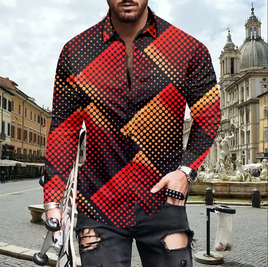 New Men Polka Dot Print Shirts Casual 2021 Summer Autumn Loose Long Sleeve Button Shirt Tops Mens Clothing Fashion Streetwear