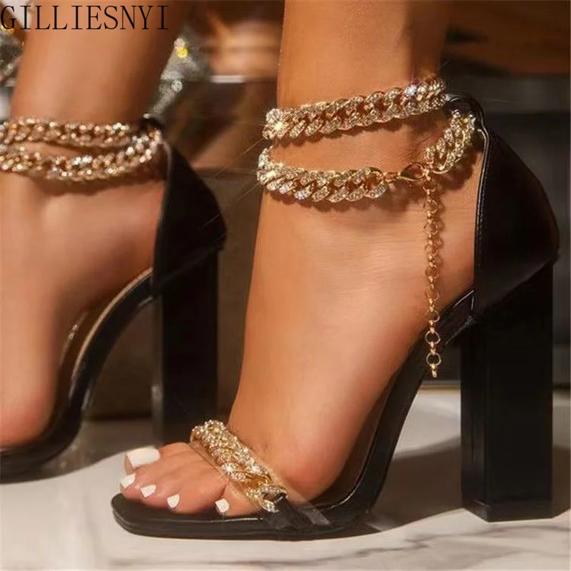 

Fish Mouth Lu Chain Solid Color Shoes Fashion Sandals Women Sandals Crystal Chain High Heels Female Heel Open Toe Buckle Strap