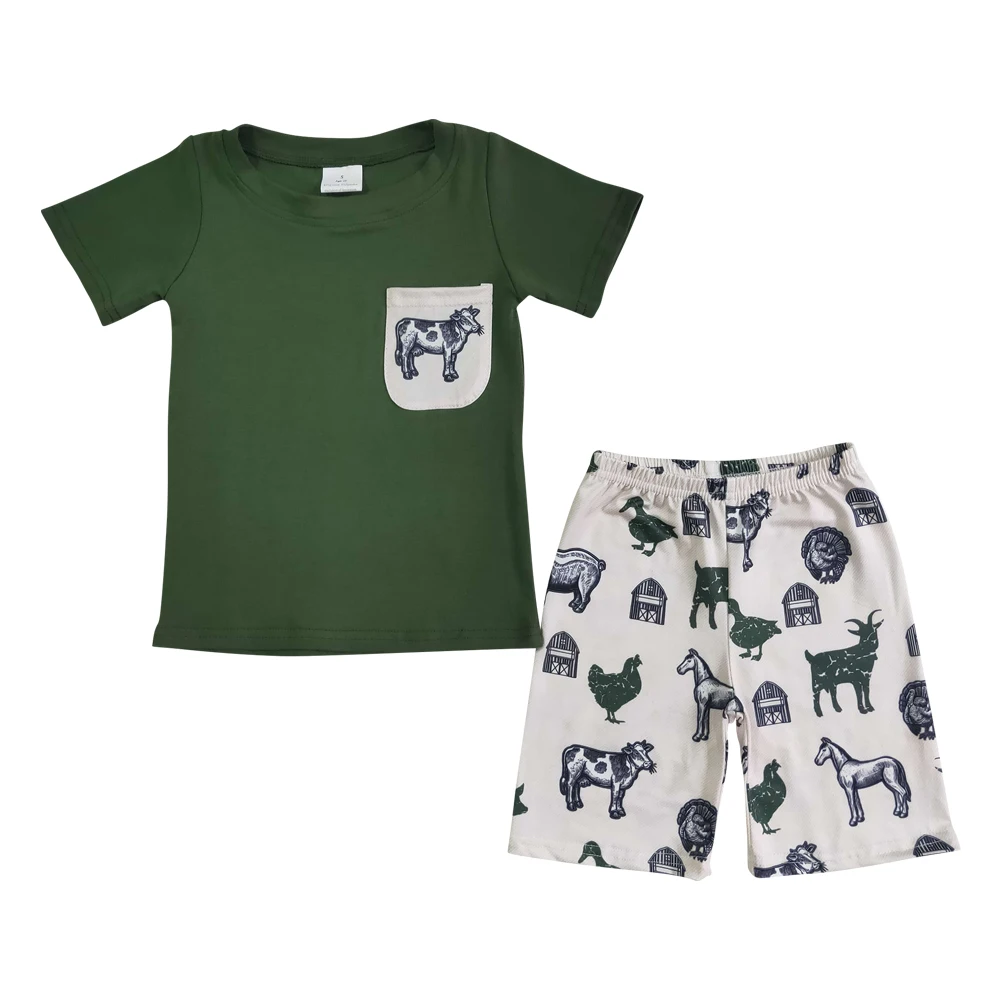 

Детская одежда RTS, зеленая футболка с коротким рукавом и карманами, одежда для малышей, комплекты с шортами из коровьей лошади и курицы, одеж...