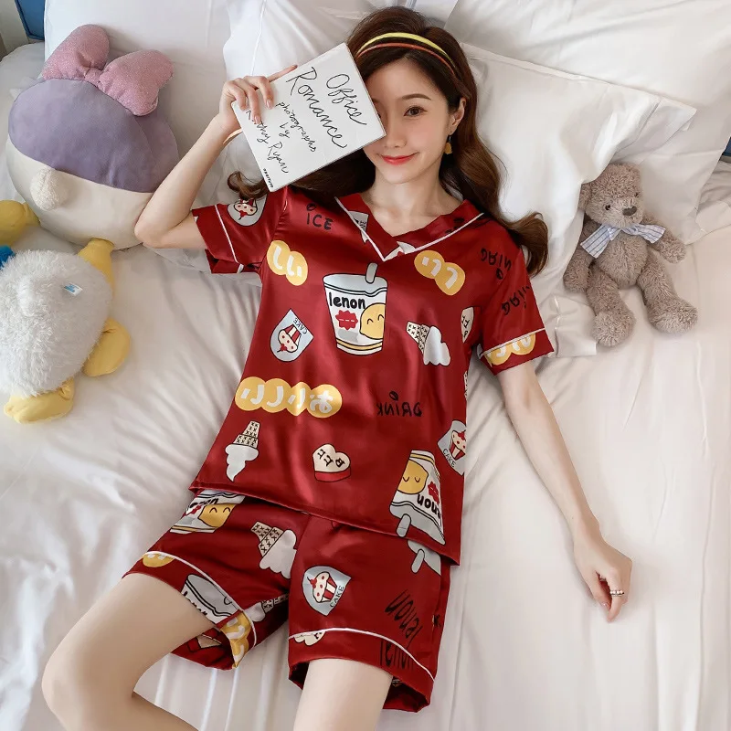 Pajamas Women's Summer Thin Ice Silk V-Neck Short Sleeves Pyjamas Cartoon Loose Women's Home Clothes Sleepwear Sets Sleep Tops