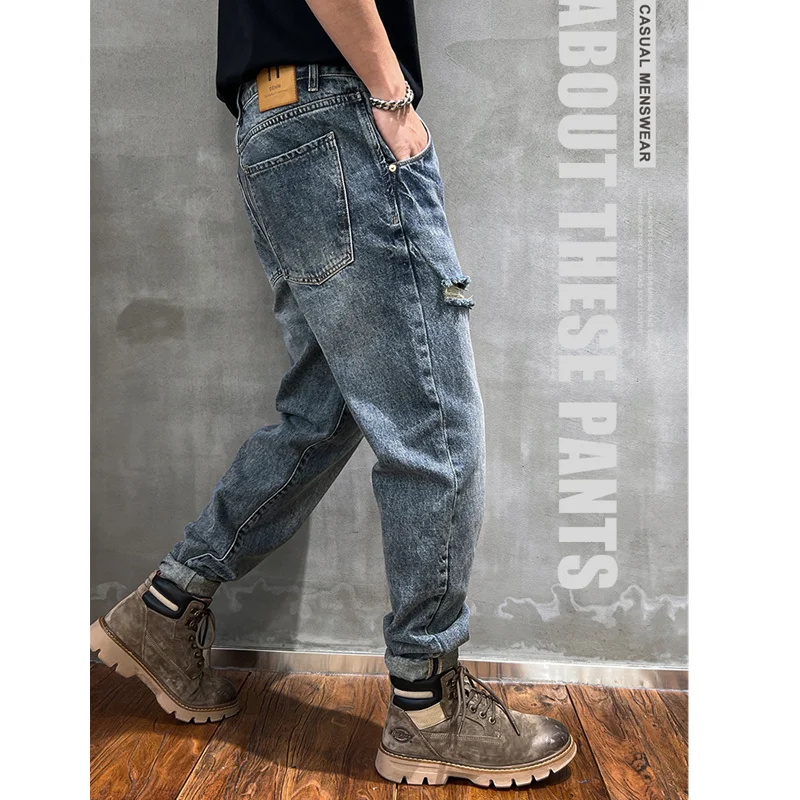 Streetwear Men Vintage Recreational Blue Ripped Jeans Loose Straight Cylinder Broad Leg Trousers Autumn Female 2022 New Style