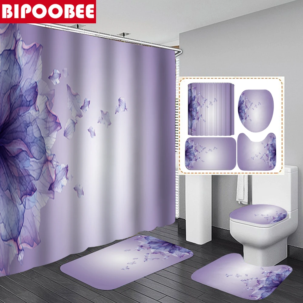 

Purple Flowers Print Shower Curtains with Hooks Bathroom Mat Set Anti-slip Soft Bath Carpet Rug Lover Valentines Home Decoration
