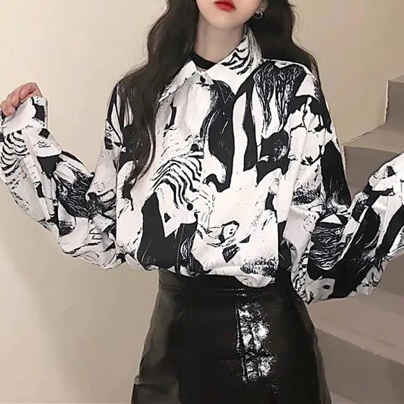 Женская рубашка с длинным рукавом и принтом в стиле Харадзюку | одежда