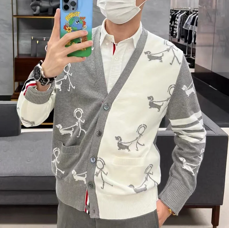 

TB BROWIN Men Cardigan Long Sleeve Jacket Animal Striped V-Neck Knitted Wool Casual Korean Design Women Cardigan Couple Wear