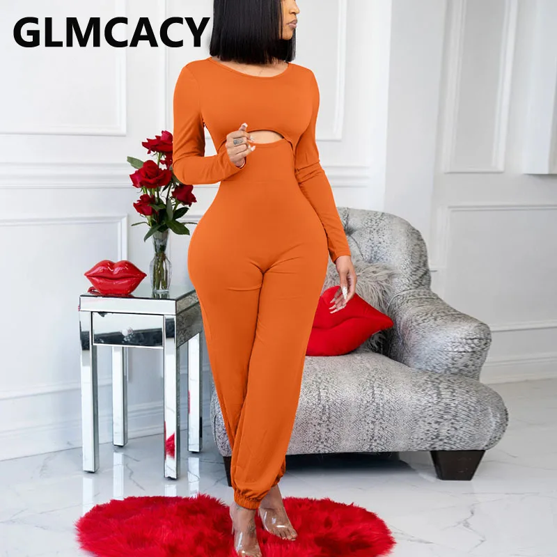 

Women Long Sleeve Cut Out Slim Jumpsuit Casual Solid Overalls