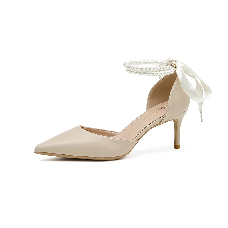 

Women's shoes Pearl strap high heels spring 2022 stiletto pointed toe hollow sandals for women
