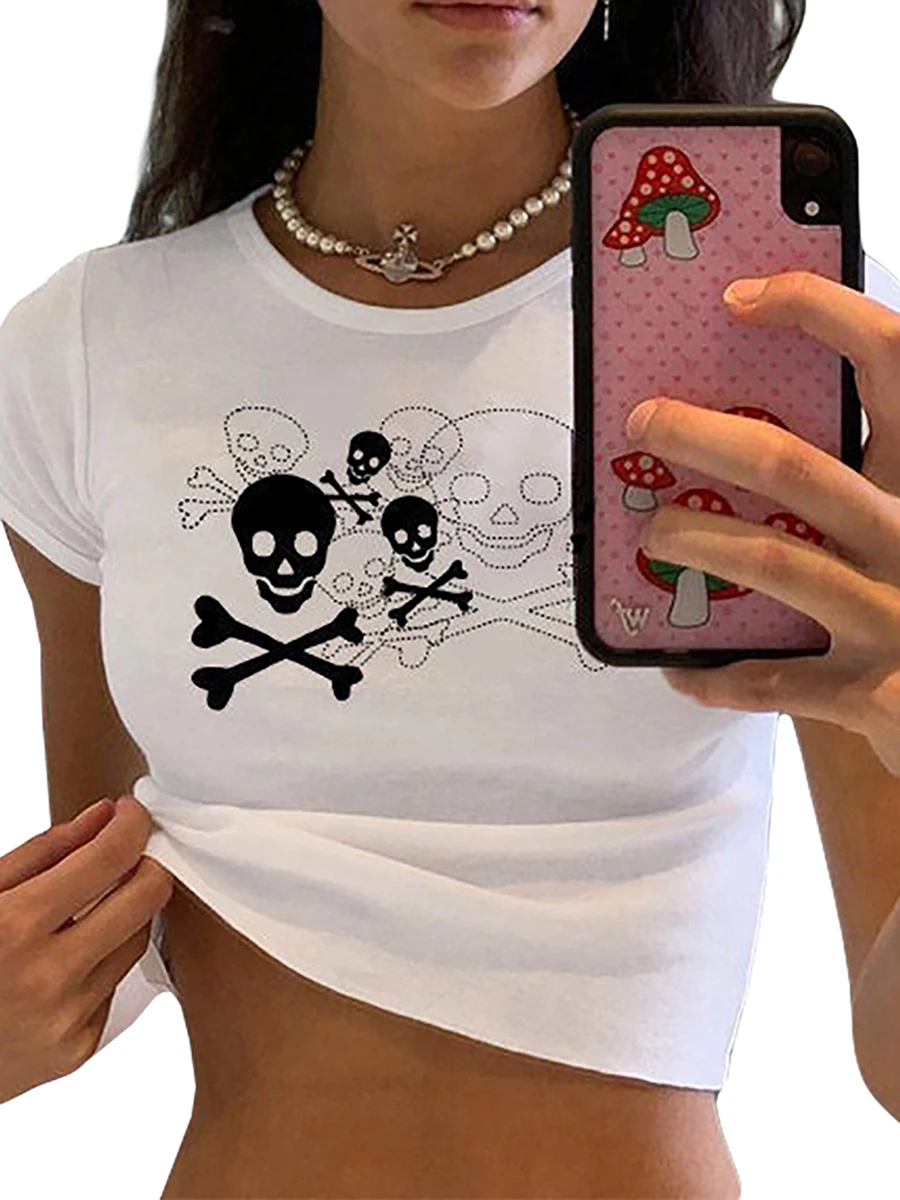 

Женский короткий топ в готическом стиле y2k, футболка в стиле панк с принтом черепа, уличная одежда для темных академических занятий