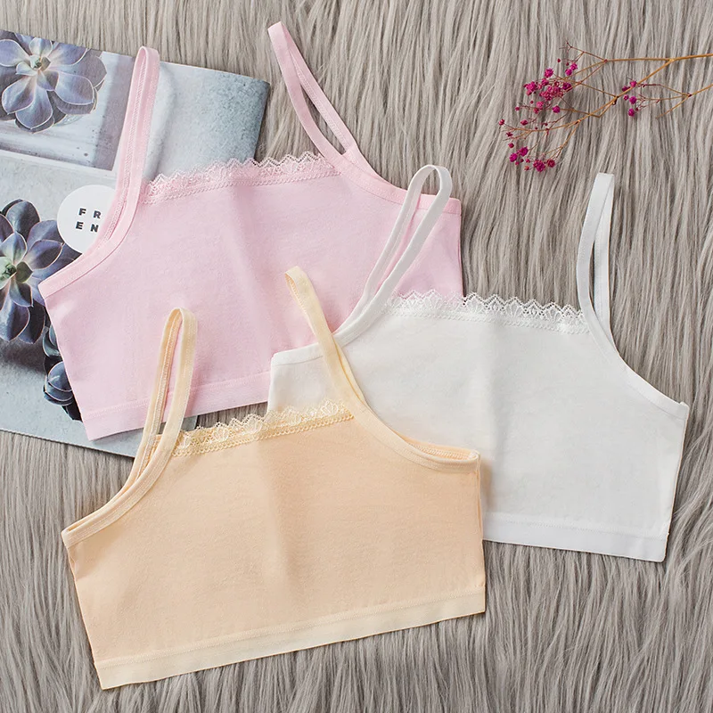 

3PCS Girls 8-16 Years Thin Strap Cotton Student Girl Summer Vest-style Small Sling Lace Bra Training Teens Puberty Underwear
