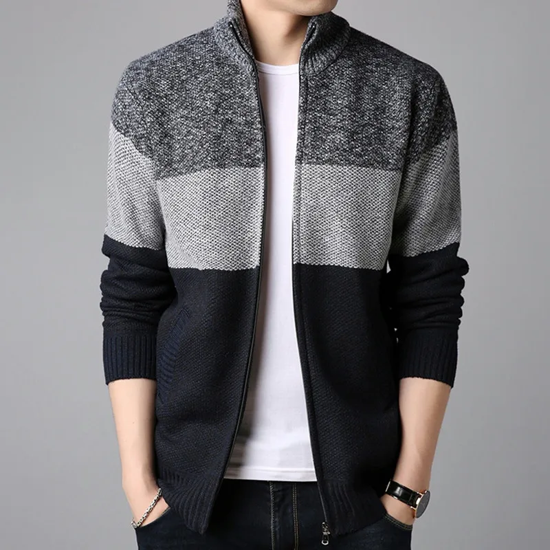 Men's Autumn and Winter Stitching Sweater Knitted Casual Cardigan Coat Long-sleeved Stand-up Collar Slim Fit New Comfortable