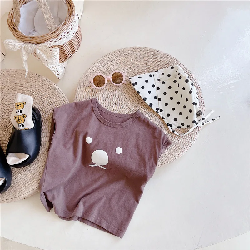 2022 Summer New Children Short Sleeve T Shirt Cute Bear Print Baby Cartoon T Shirt Tops Cotton Girls Tee Cute Kids Boys T Shirts