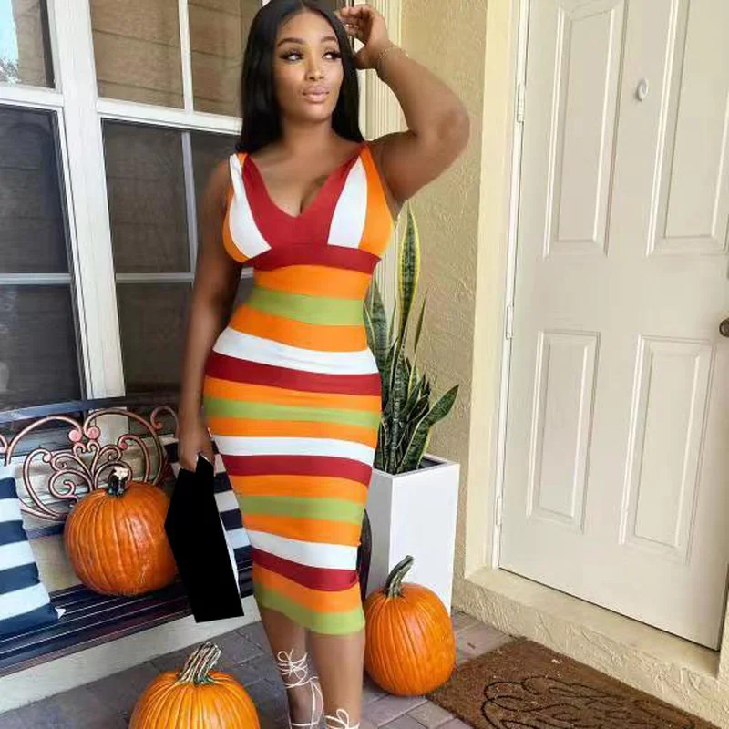 

WUHE Rainbow Striped Womem Bodycon Bandage V-neck Sleeveless Midi Dress Summer Sexy Party Evening Club High Waist Tunic Dresses