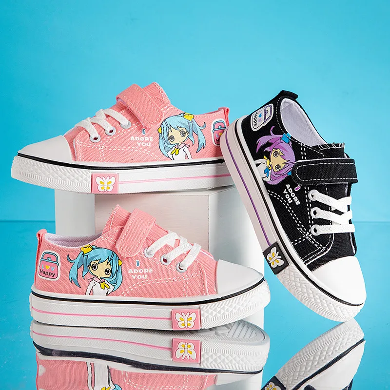 Cheap Children Pink Sneakers For Girl Fashion Cartoon Canvas Shoes Kids Anime Skateboard Shoes Boy Flats Low Children's Footwear