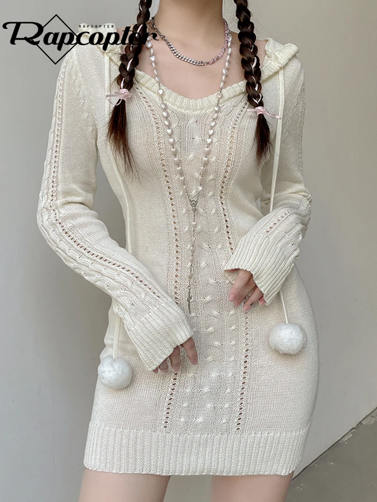 

Rapcopter y2k Fairycore Knitted Mini Dress Women Vintage Cute Hooded Full Sleeve Party Aesthetic Korean Dress Holiday Chic New