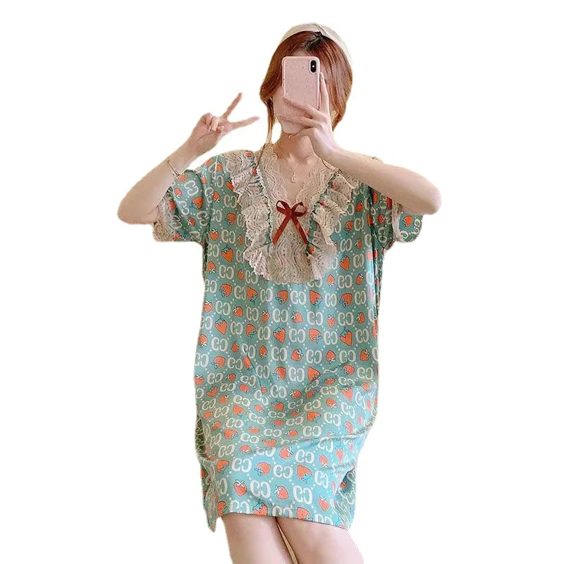 Nightdress Women's Summer New Cool Short-sleeved Cartoon Printed Pajamas Plus Size Home Service Comfortable and Casual Nightwear