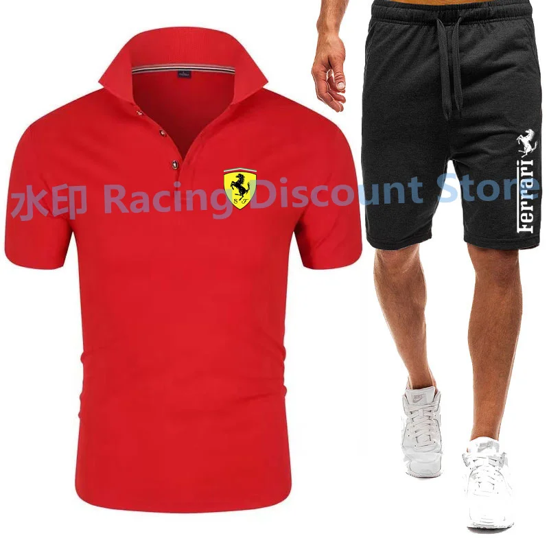 Summer New Formula One Ferrari Fan Short Sleeve Fashion Brand Men Suit Casual Lapel Slim Business Polo Shirt + Black Shorts