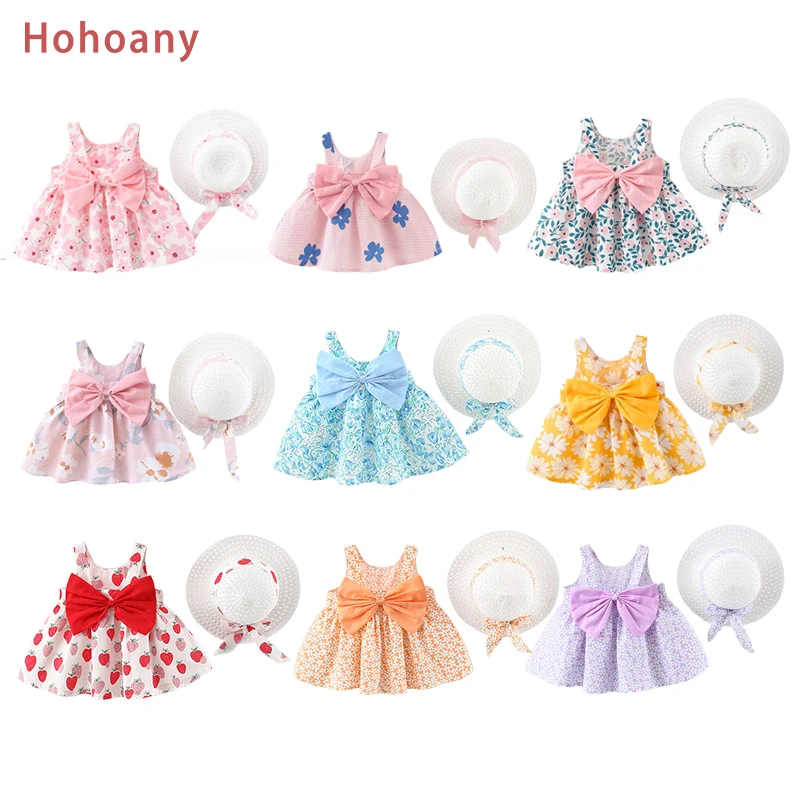 2Pcs/Set Summer Baby Girl Dress Sleeveless Cotton Thin Bow Knot Children Clothes Sweet Toddler Costume For 0 to 3 Years Old Kids