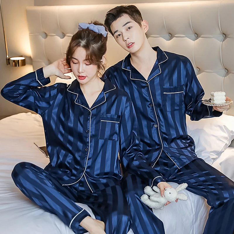 CAIYIER Stripe Solid Color Print Lovers Pajamas Set Winter Long Sleece Home Clothes Men&Women Silk Couple Nightwear Sleep Lounge
