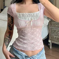 Cutistation Pink Lace Crop Top Women's Summer Clothes Y2k Streetwear Sailor Moon Square Neck Short Sleeve T Shirt 90s Aesthetic