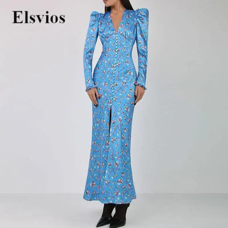 

Sexy Button V Neck Front Slit Party Dresses French Fashion Floral Printed Maxi Dress Women Elegant Puff Shoulder Slim Long Dress