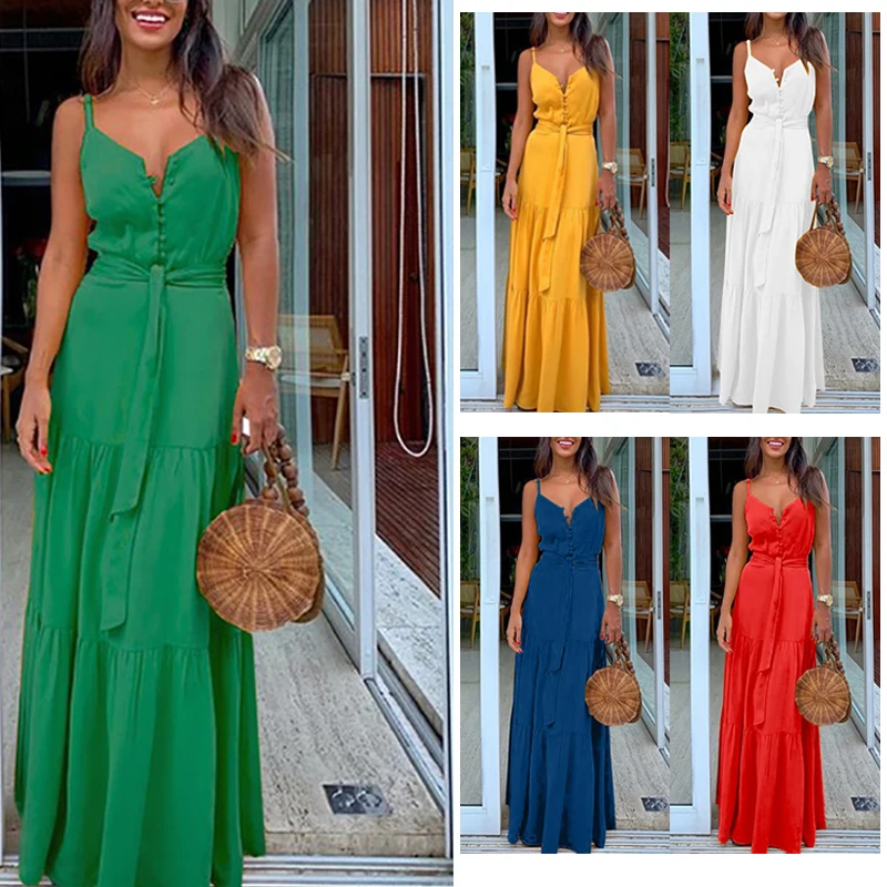 

Helisopus Women's Summer Tank Long Dress Personality Button V-Neck Sleeveless Dress Solid Elegant Slim Beach Party Sundress
