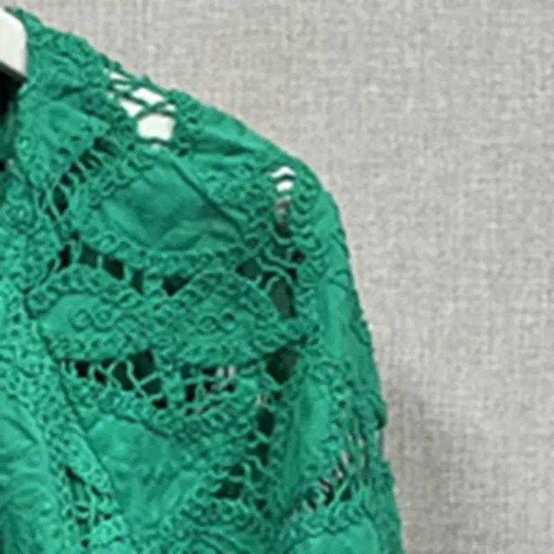 

2023 Summer New Women Pure Cotton Round Neck Open Back Crochet Lace Green Dress