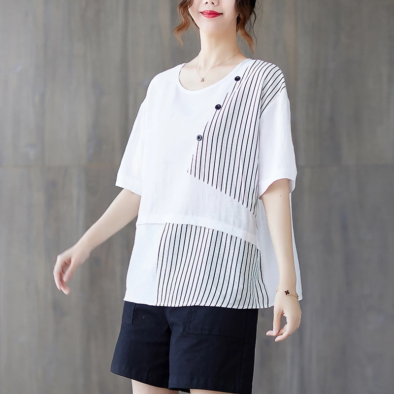

Aransue Women Summer Clothes Cotton Linen Top Stripe Short Sleeve T-Shirt Loose Casual Tee Free Size