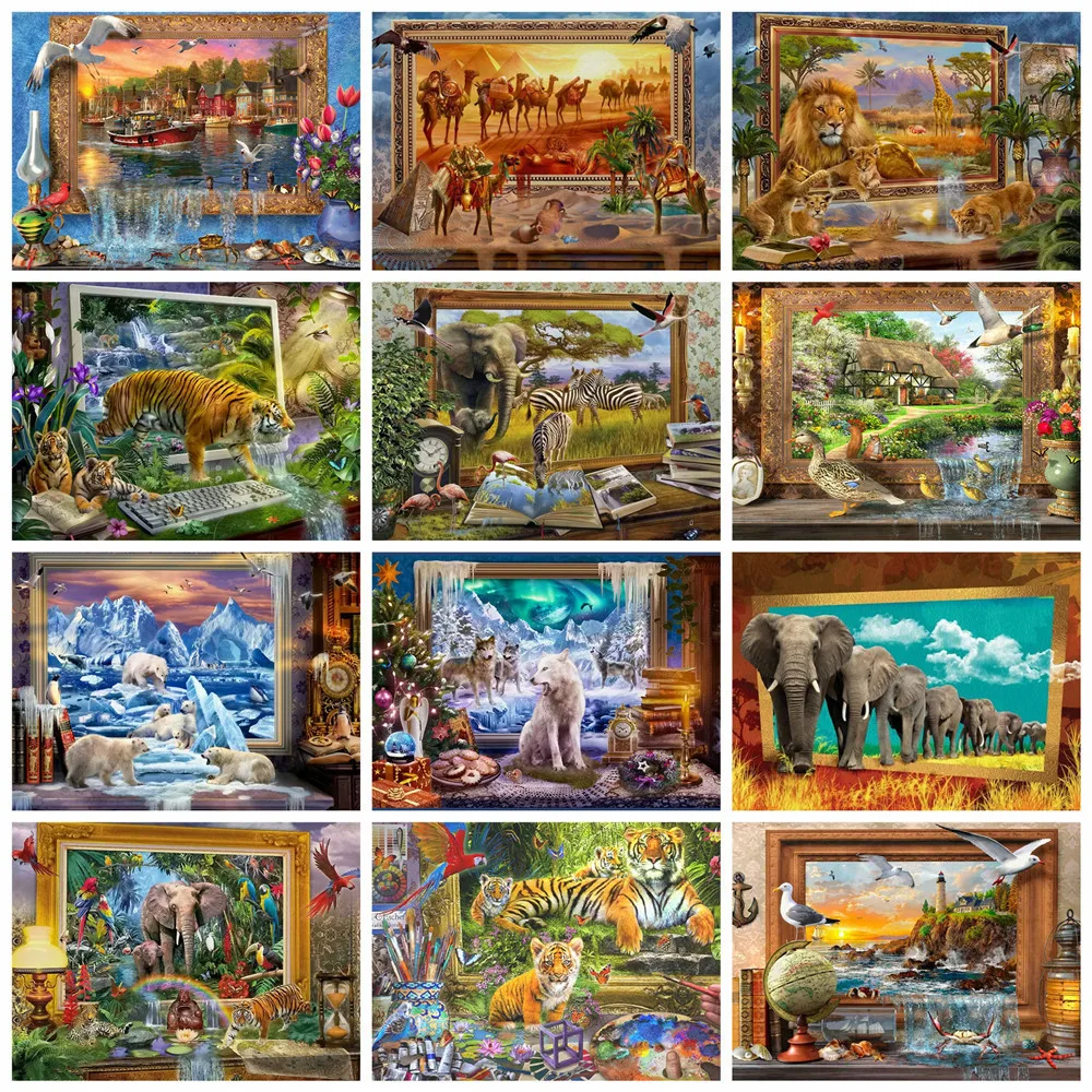 

Huacan Diamond Embroidery Cross Stitch Elephant Tiger 5d Diamond Painting Photo Frame Animal Mosaic Wall Posters