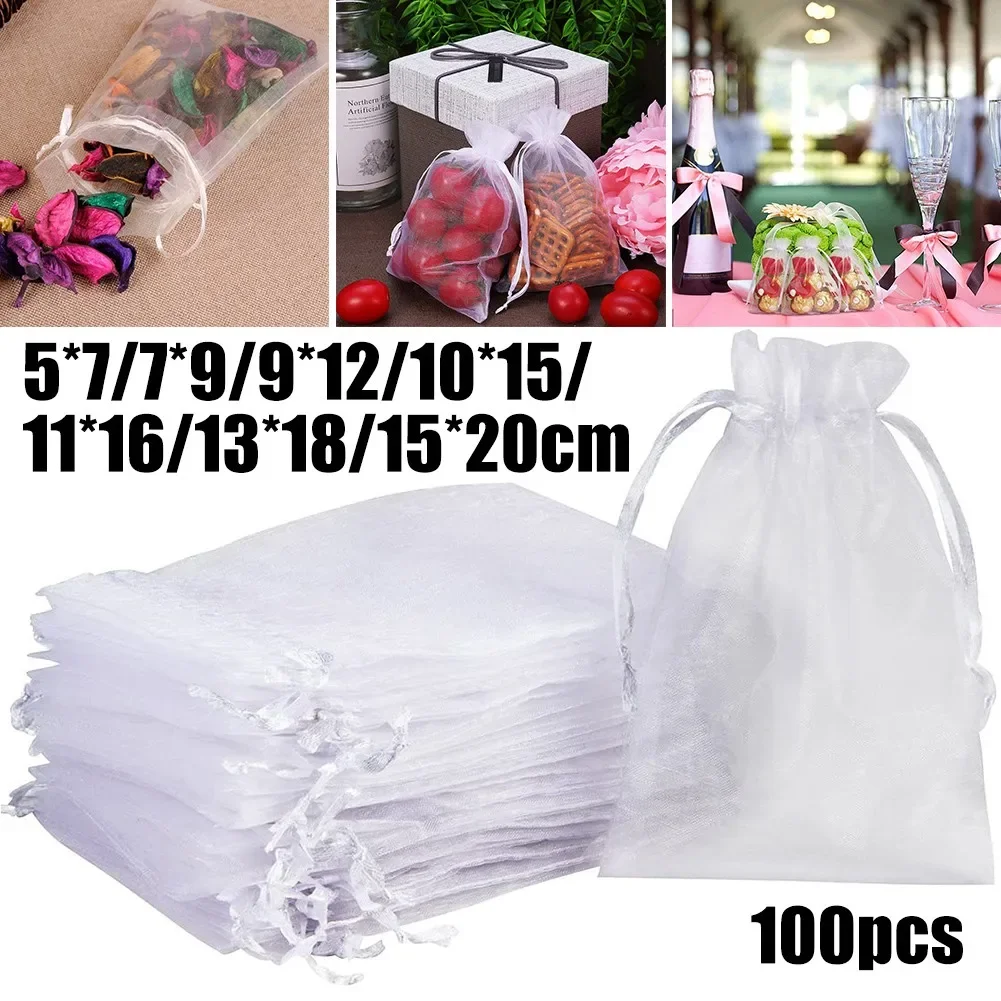 100 шт./лот белые сумки из органзы на шнурке 7x9 9x12 10x15 13x18 15x20 см для упаковки