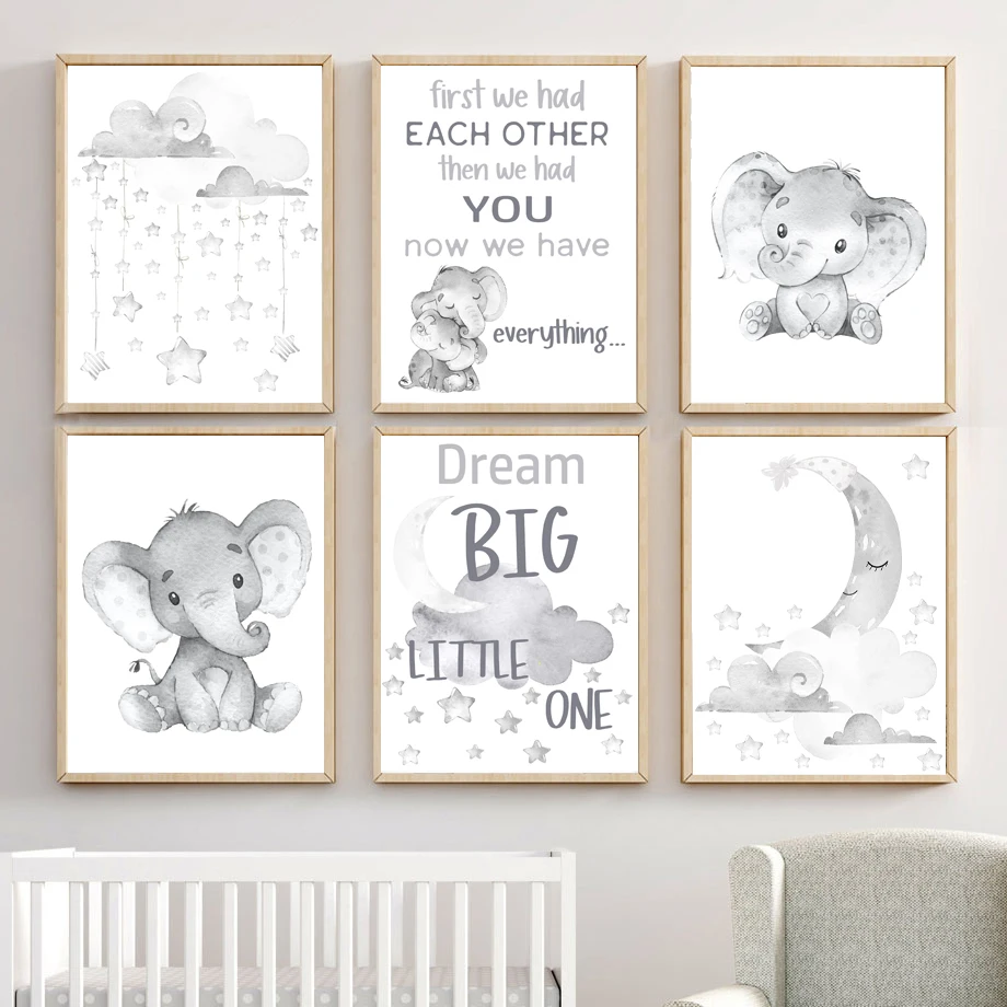 

Grey Elephant Quotes Nursery Wall Art Print Canvas Painting Cartoon Moon Star Cloud Nordic Poster Wall Pictures Baby Room Decor