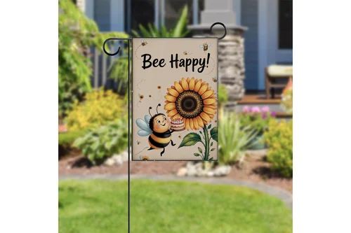 Фото Садовый флаг Bee Happy с подсолнухом и милым шмельком, летний декор для двора и веранды RRM IIX SSL №2