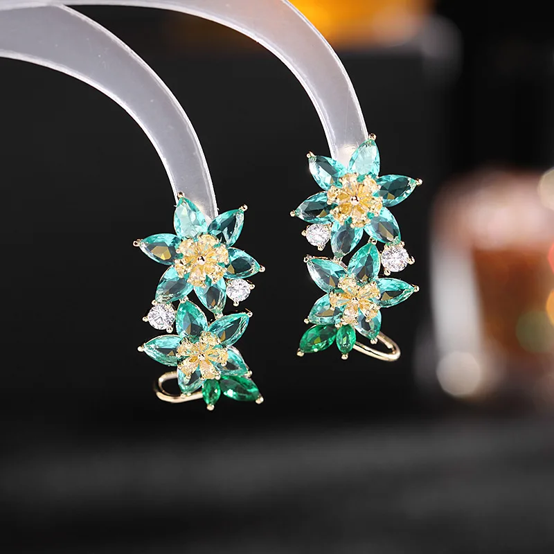 

Summer Sweet and Fresh Earrings 925 Silver Needle Transparent Colorful Gem Zircon Temperament Earrings Flower Ear Bone Clip