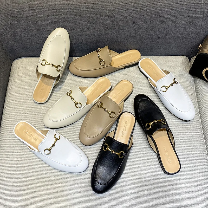 

Summer Walk Shoes Women Loafers Causal Moccasin Shoes Genuine Leather Metal Lock Slippers Comfortable Soft Sole Flat Shoes