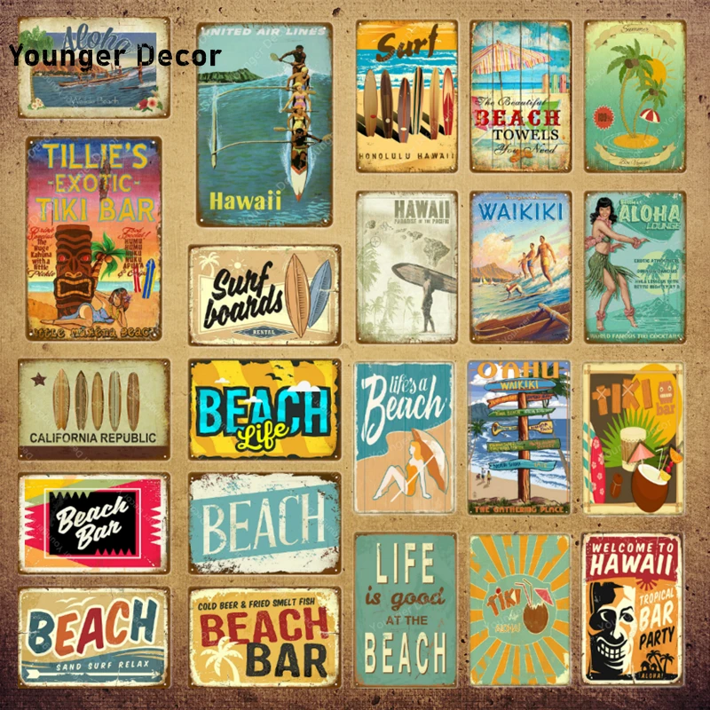 

Surf Boards Tin Signs Vintage Beach Party Wall Plaque Hawaii Tiki Bar Decor Painting House Seaside Decorative Plate Aloha Carft