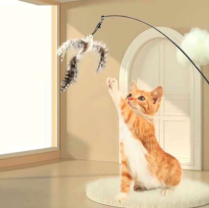 

Simulation Bird Interactive Cat Toy Funny Feather Bird with Bell Cat Stick Scratch Rope for Kitten Playing Teaser Wand Toys Cat