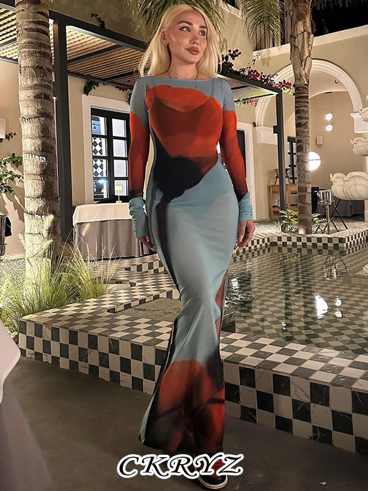 

Ckryz-Women's Long Sleeve Tie Dye Print Dress See Through Bodycon Y2K Maxi Dresses Birthday Party Club Wear Summer New Fashion