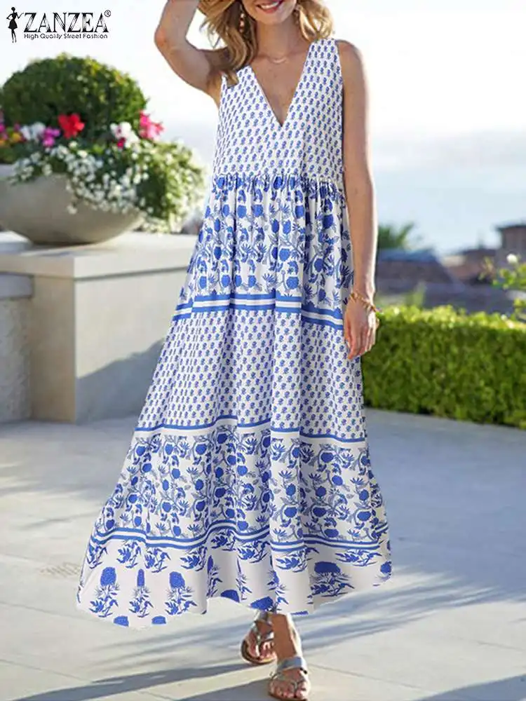 

Lady Casual Beach Tank Dresses Bohemian Printed Sleeveless Vestido 2022 Summer V Neck Robe Femme ZANZEA Women Holiday Maxi Dress