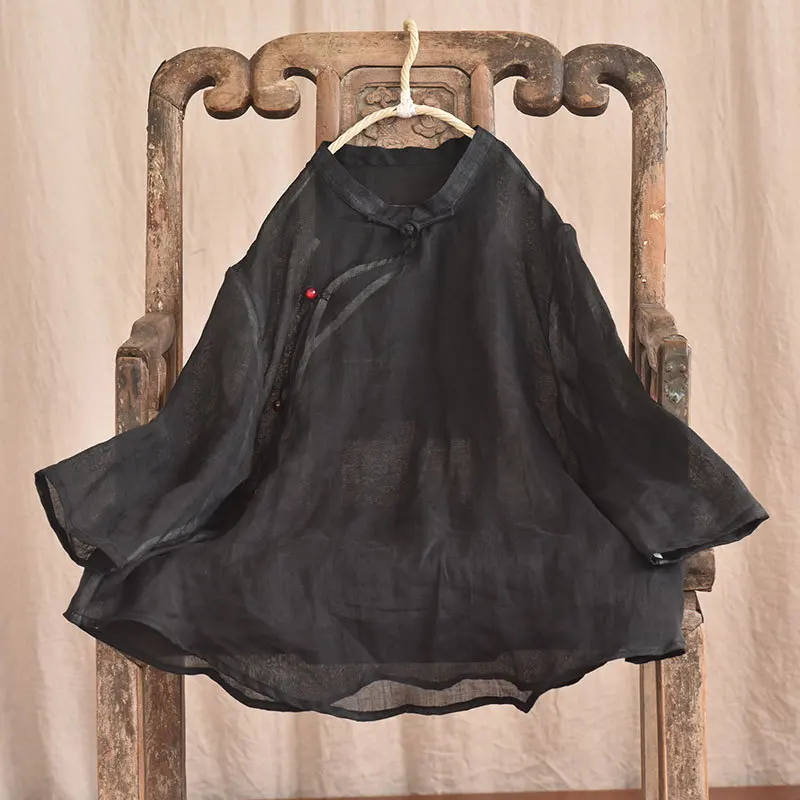 

Linen Shirt Women Cheongsam Blouse Female Tops Chinese Style High Quality Solid Ramie Long Sleeve Spring Summer Elegant Shirt