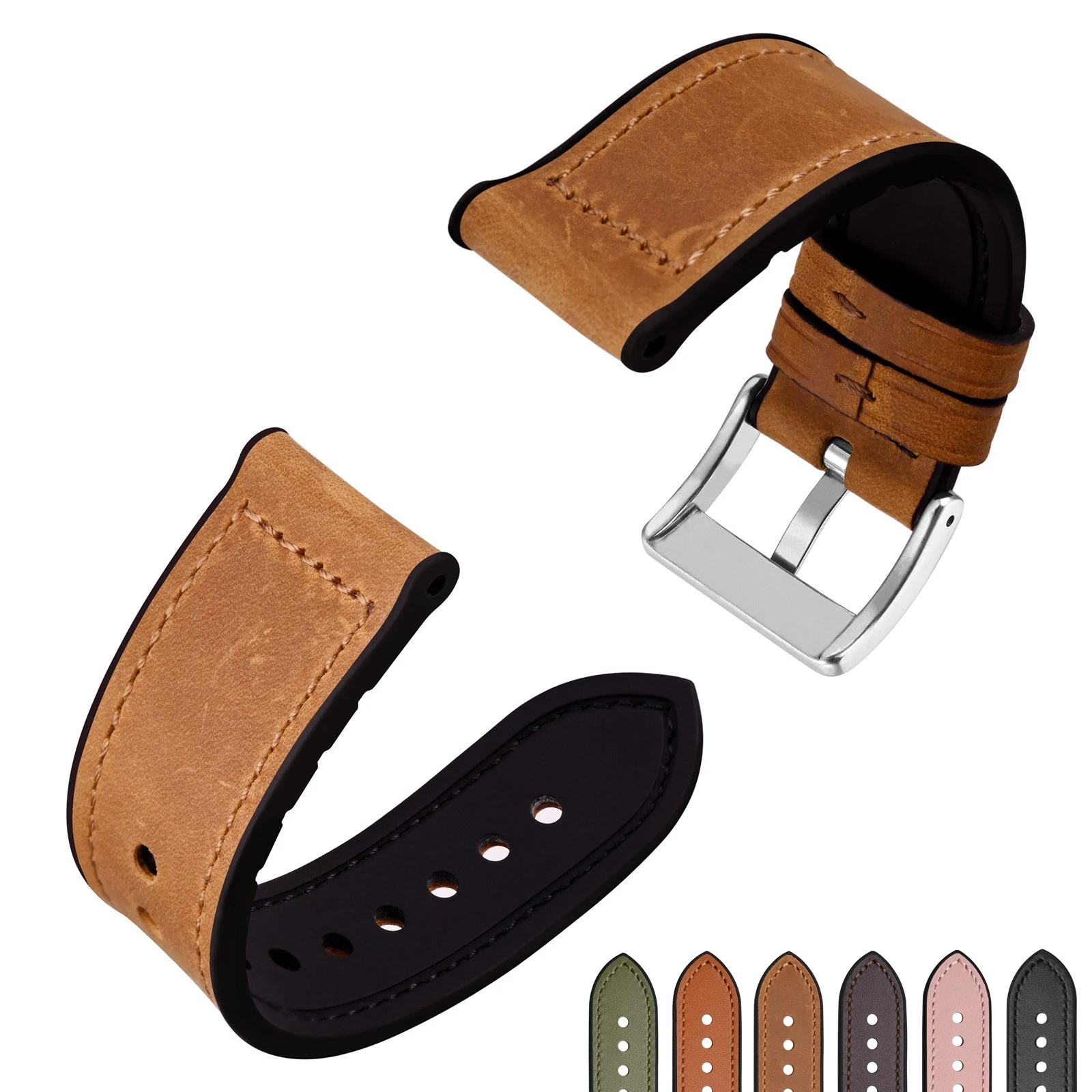 Anbeer Genuine Leather Silicone Watchstrap 20mm 22mm Watchband Bracelet Replacement Watch Straps For Men Stainless Steel Buckle