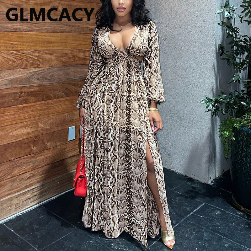 

Women Long Sleeve V Neck Snakeskin Printed Maxi Dress Elegant Eveing Party Slit Long Dress