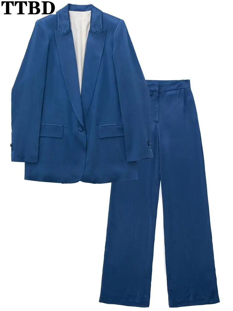 

TTBD blazer set traf Women fashion flap pockets creased effect blazer coat or high waist wide leg pants 2 piece set women