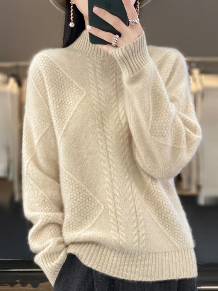 

Women's Sweater Autumn Winter Thick Female Pullover Long Sleeve Half Turtleneck Jumper Loose Tops Knitted Fashion Woman Blouse