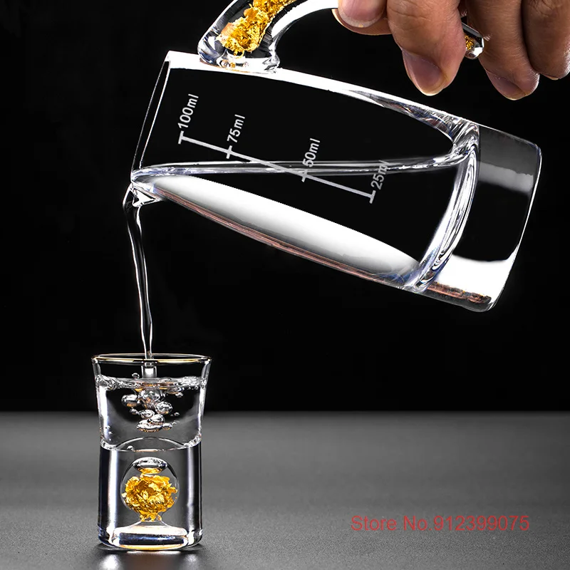 

Noble Embedded 24K Gold Foil Crystal Shot Glass Wine Decanter Set Vodka Liquor Spirit Sake Mini Cup Divider Pot Flagon Gift Box
