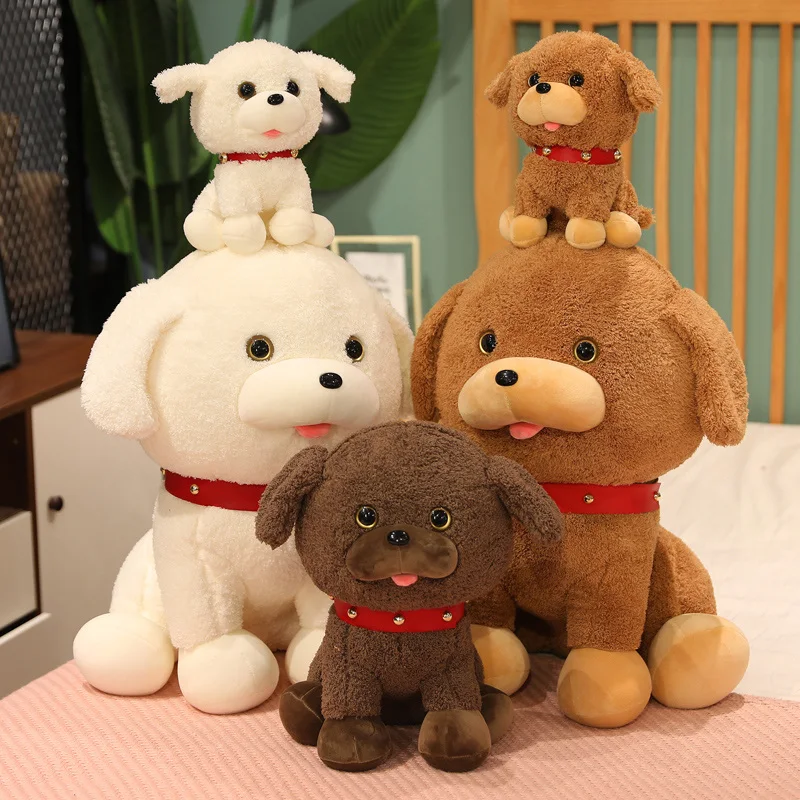 

25~50cm Red Collar Small Doggy Sitting Coffee Brown White Cute Plush Poodle Toy Soft Doll Boys Girls Present