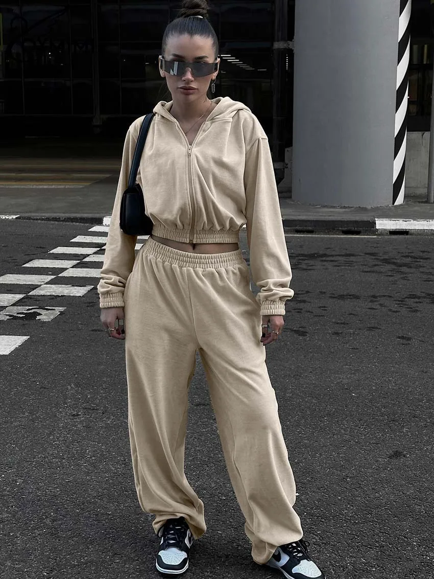 

Oymimi Fashioin Apricot 2 Piece Sets Women Outfit Casual New Hooded Collar Long Sleeve Zipper Crop Tops And Simple Trousers Sets