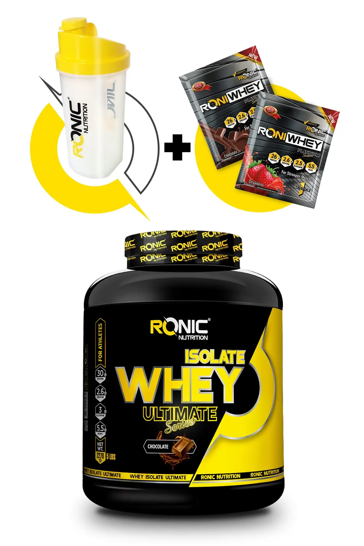 

Ultimate Isolate Whey Protein Powder 2270 G (Chocolate Flavored) Shaker and 2 PCs Disposable Whey