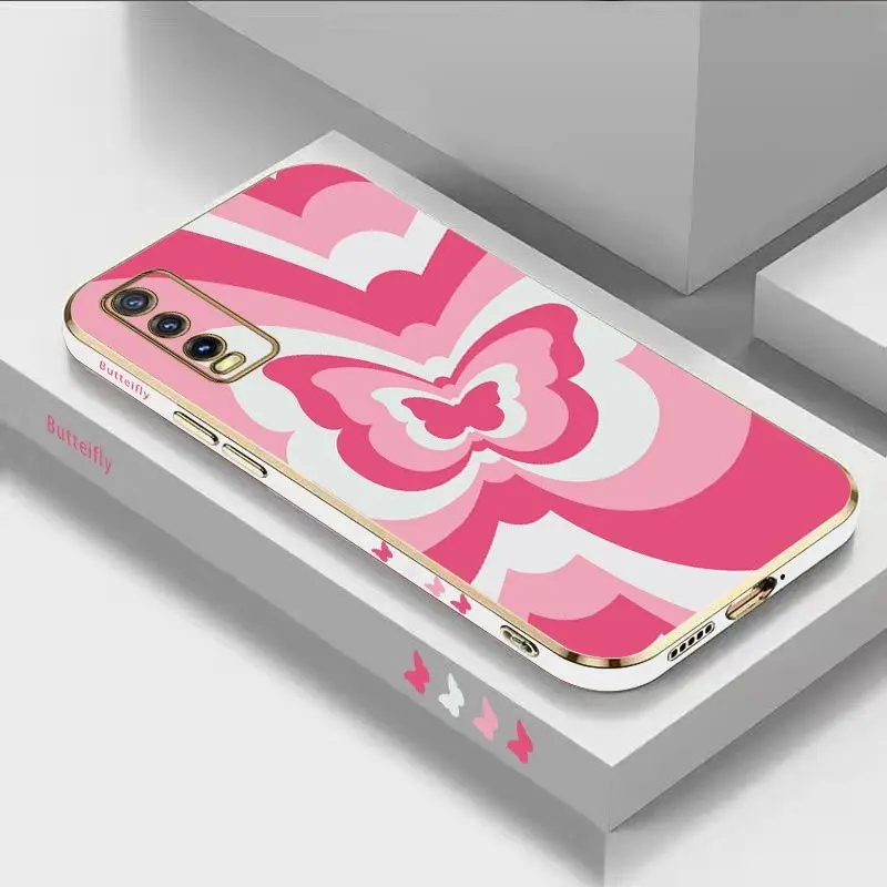 

Pink Gradient Butterfly Luxury Plating Phone Case For VIVO Y20 Y20i Y20S Y30 Y33T Y35 Y76 Y22 Y12S Y15 Y21 V23 V23E V21 Cover