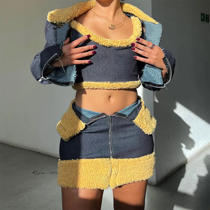 

Gtpdpllt Cute Denim Three Piece Sets Womens Fuzzy Collar Cropped Jacket Zip Mini Skirt Baddie Y2k Jean Outfit Fall 2023 Corset