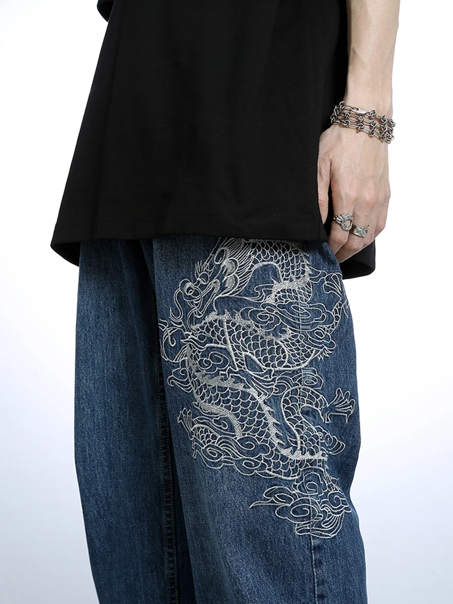 Four Seasons Vintage Chinese Dragon Embroidery Blue Jeans Men Straight Loose Casual Pants Fashion Streetwear Ins Hot Sale Denim