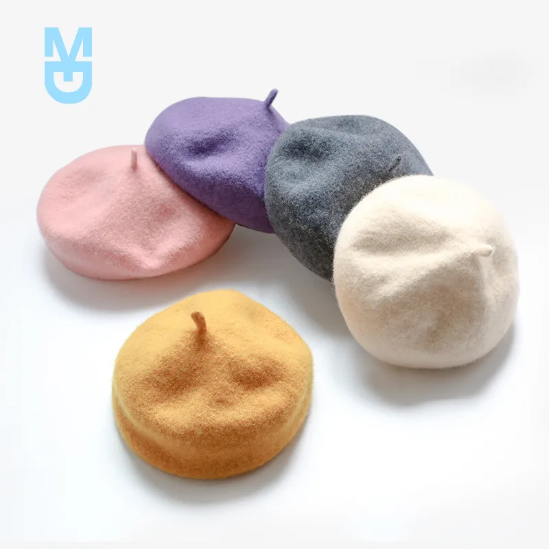 

New Winter 2-6 years girls warm woolen beret kids solid color cute caps children all-match hats